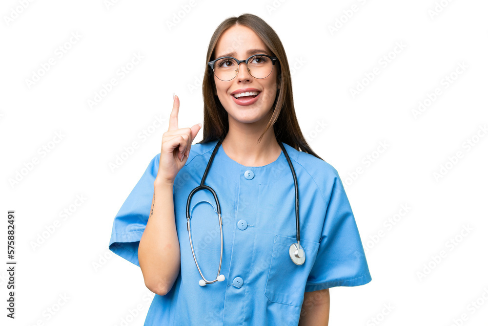 Young nurse caucasian woman over isolated background pointing up and surprised Young nurse caucasian woman over isolated background pointing up and surprised