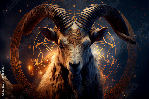 Capricorn zodiac sign astrological background. The goat horned horoscope sign. Astrology theme. High quality illustration.