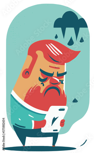 A sad character with a mobile phone, reading bad news, Flat vector illustrations isolated on white background