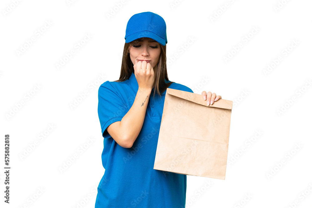 Young beautiful caucasian woman taking a bag of takeaway food over isolated background having doubts Young beautiful caucasian woman taking a bag of takeaway food over isolated background having doubts
