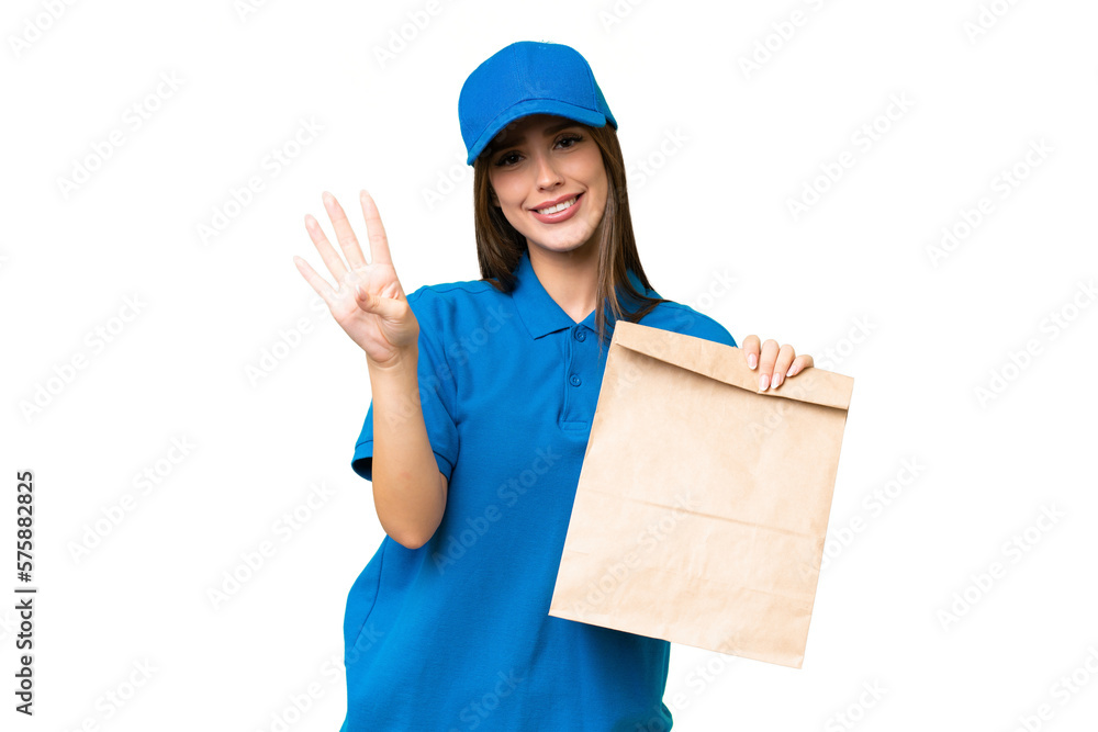 Young beautiful caucasian woman taking a bag of takeaway food over isolated background happy and counting four with fingers Young beautiful caucasian woman taking a bag of takeaway food over isolated background happy and counting four with fingers