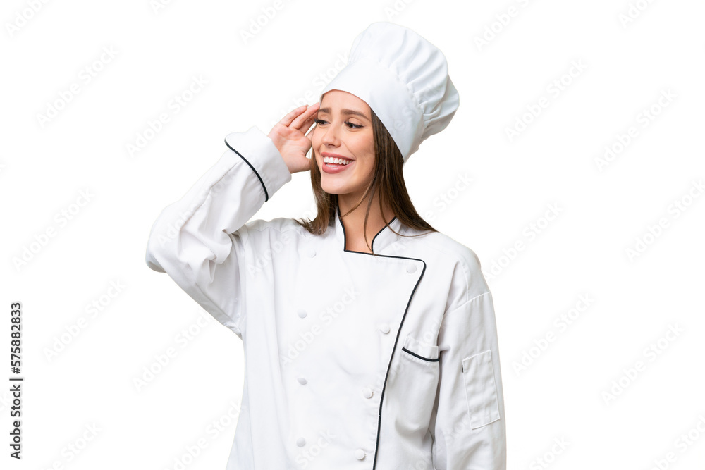 Young chef caucasian woman over isolated background has realized something and intending the solution Young chef caucasian woman over isolated background has realized something and intending the solution