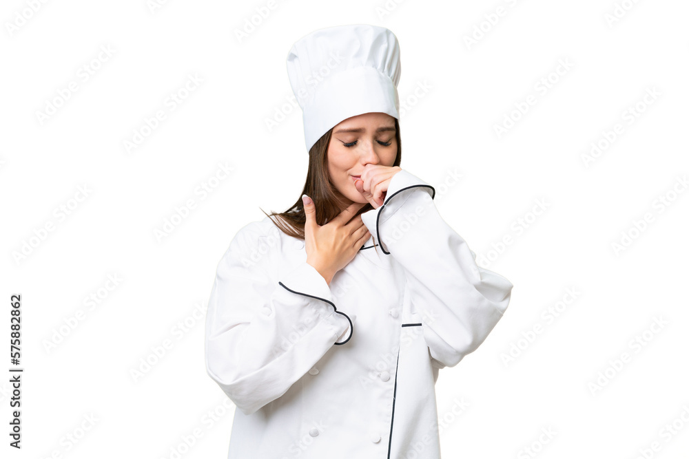 Young chef caucasian woman over isolated background is suffering with cough and feeling bad Young chef caucasian woman over isolated background is suffering with cough and feeling bad