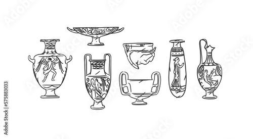 Hand drawn vector abstract outline,graphic,contemporary art greek ancient sculpture ols vase line modern drawing set.Antique classic ancient vase in trendy style,outline design concept.Vase art set.