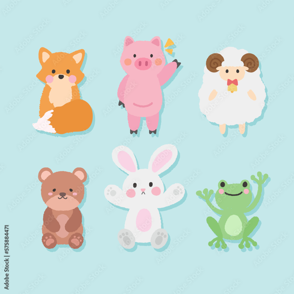 Cute animal doll with hand drawn illustrations of foxes, sheep, pigs, rabbits, bears, frogs, etc