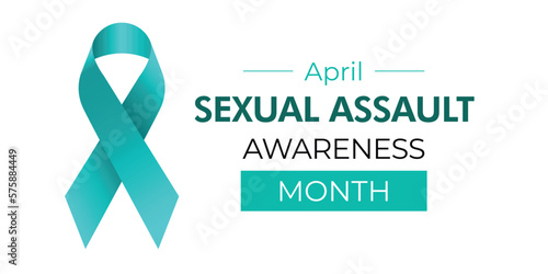 Sexual Assault Awareness Month. Banner with teal ribbon on white background. Vector illustration with elegant text description.