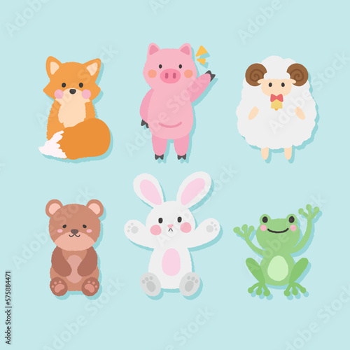 Cute animal doll with hand drawn illustrations of foxes  sheep  pigs  rabbits  bears  frogs  etc
