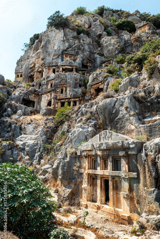 Rock-cut tombs in Myra Ancient City. The Ancient City of Myra, located in Antalya’s Demre province.

