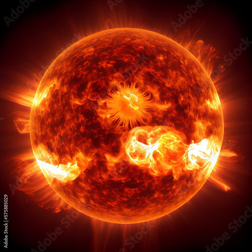 Bright Sun against dark starry sky in Solar System, elements.Hot Sun.