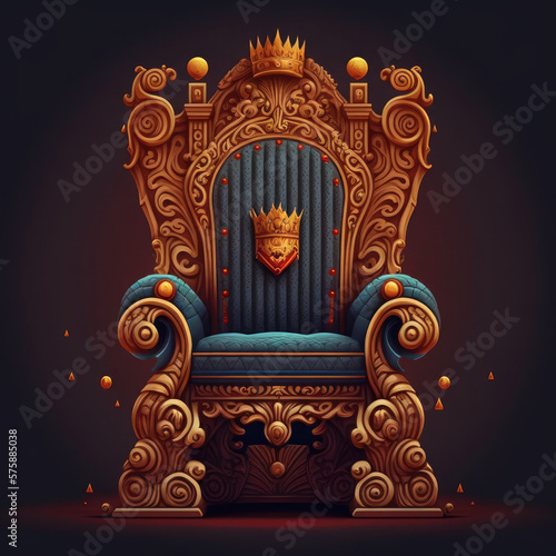 Royal throne king ruler fairytale armchair in game design cartoon flat style on a dark background. Generative AI illustration.