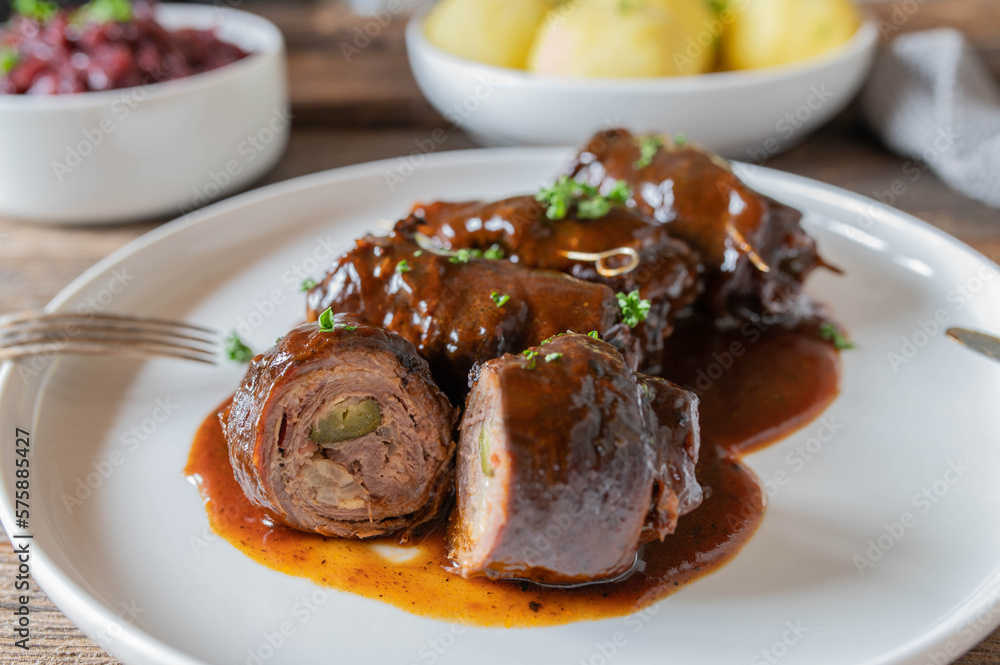 Beef roulades with onion, mustard, pickle, bacon filling and delicious brown gravy. Beef roulades with onion, mustard, pickle, bacon filling and delicious brown gravy.