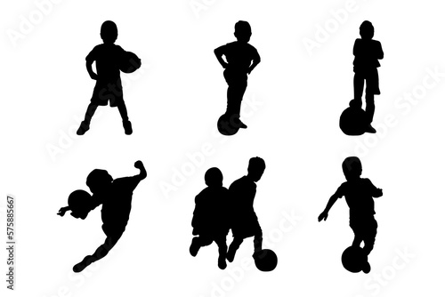 Set of silhouettes of children playing soccer vector design