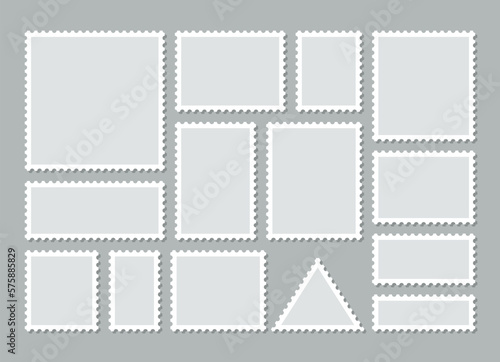 Post stamps. Empty stamps set. Postal shapes border. Blank frames for mail letter. Postage perforated templates. Collection paper postmarks isolated on background. Vector illustration. Flat design.