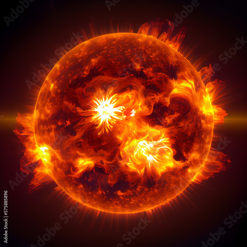 Bright Sun against dark starry sky in Solar System, elements.Hot Sun.