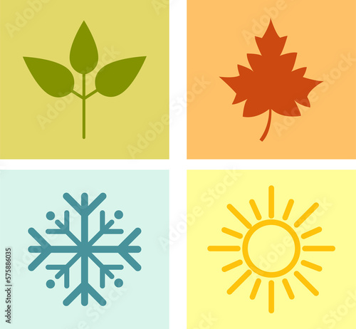 Multi-colored vector icons : spring, summer, autumn, winter. Leaf, snowflake, sun, maple.