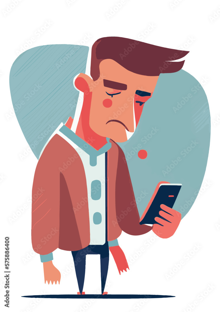 Sad character with mobile phone, reading bad news, Flat vector illustrations isolated on white background 