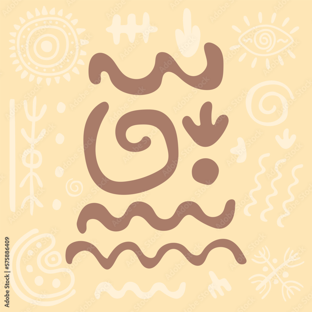 Drawing of ancient tribe. Primitive ethnic ornament, petroglyph, stone age. Spirals, wavy lines, zigzags, arrows. Ancient patterns. Design element for textiles, paper, fabrics. Vector illustration