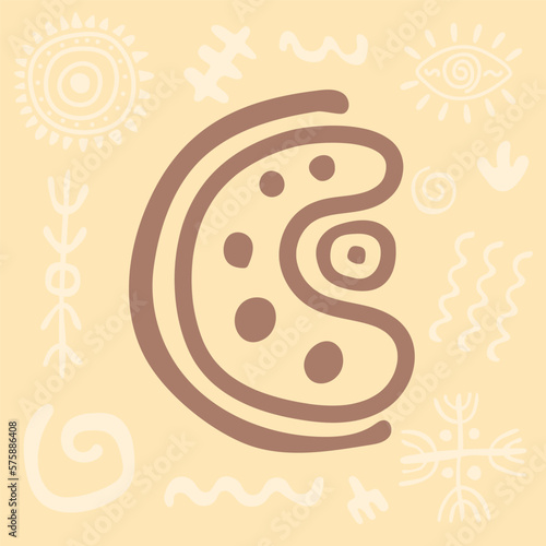Primitive ethnic ornament, petroglyph. Sign, icon, moon symbol. Ancient patterns. Spiral drawings of an ancient tribe, stone age. Design element for textiles, paper, fabrics. Vector illustration