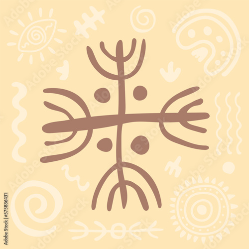 Primitive ethnic ornament, petroglyph. Symbol, cross Icon. Ancient patterns. Drawings of ancient tribe, stone age. Prehistoric art of cavemen. For print, textiles, fabrics. Vector illustration