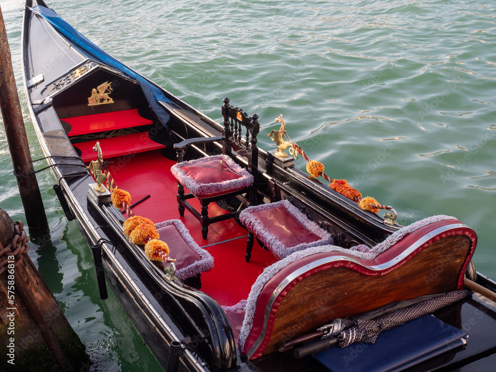 View of the interior of a typical Venetian gondola in Venice.