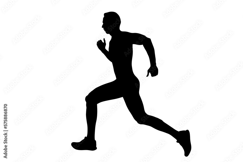 black silhouette male runner running on white background