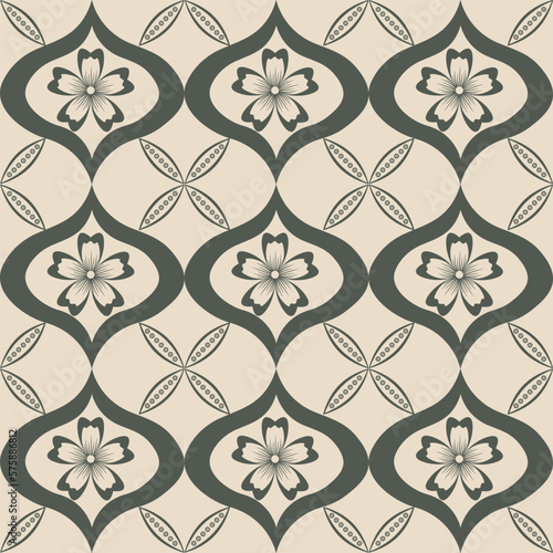 Neutral ogee botanical vector seamless pattern background with hand drawn ornamental leaves. Elegant geometric stylized floral deocrative backdrop. Botanical lattice repeat for flyer, packaging