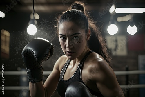 Female boxer training inside a boxing ring. Ai generative.