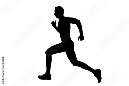 black silhouette male runner running on white background