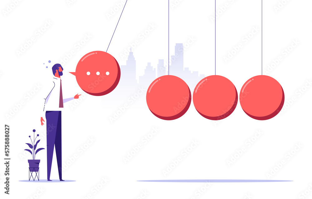 Man in front of newton's cradle with a chat bubble, effect of speech or communication, Gossip and fake news concept Man in front of newton's cradle with a chat bubble, effect of speech or communication, Gossip and fake news concept