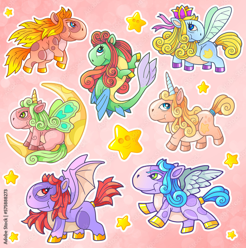 fairy tale cute cartoon ponies, funny stickers set