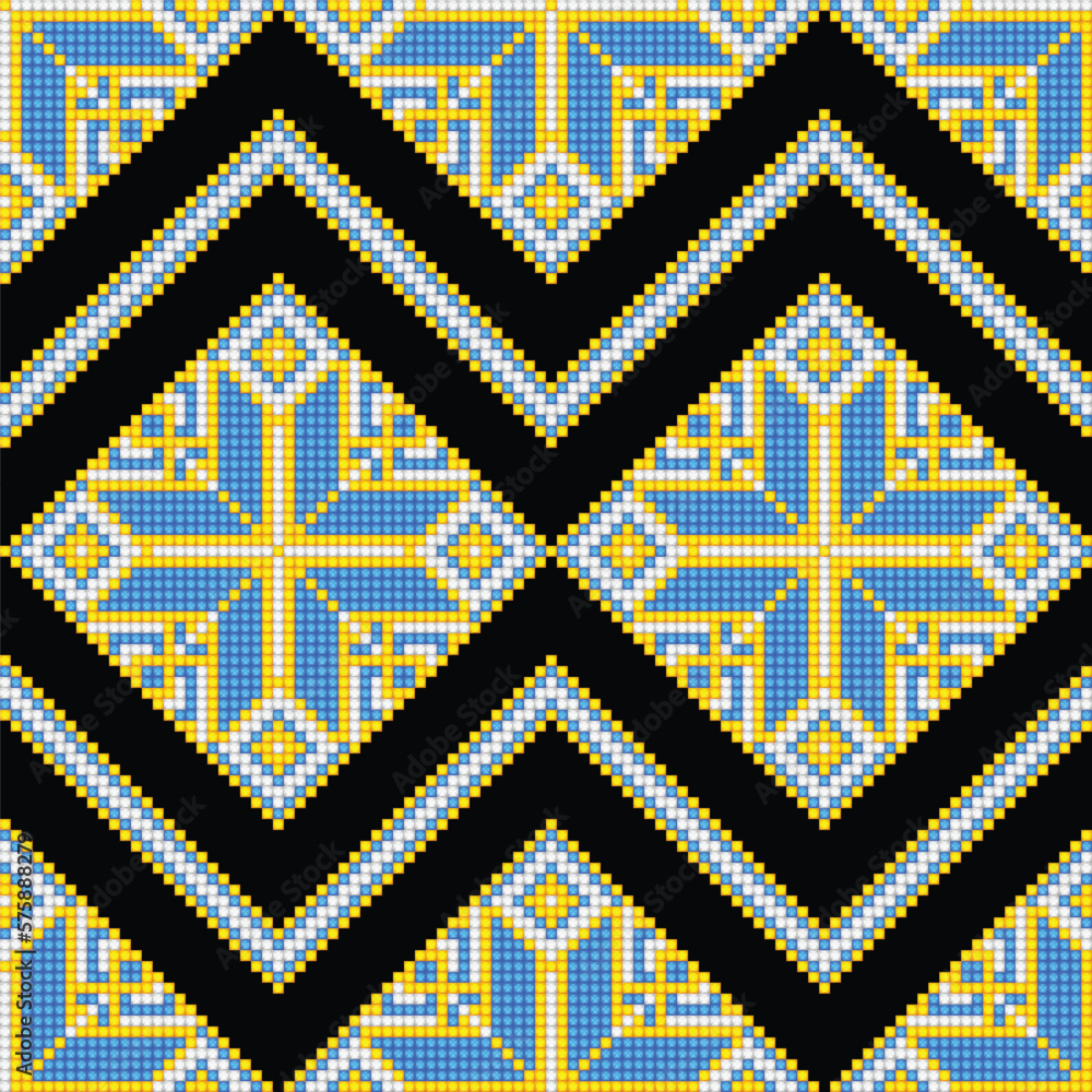 Cross-Stitch EmbroideriedSeamless Pattern with Ornate Element. Ethnic Motif, Handmade Stylization. Traditional Ukrainian Yellow and Blue Embroidery. Ethnic Design Element. Vector 3d Illustration Cross-Stitch EmbroideriedSeamless Pattern with Ornate Element. Ethnic Motif, Handmade Stylization. Traditional Ukrainian Yellow and Blue Embroidery. Ethnic Design Element. Vector 3d Illustration