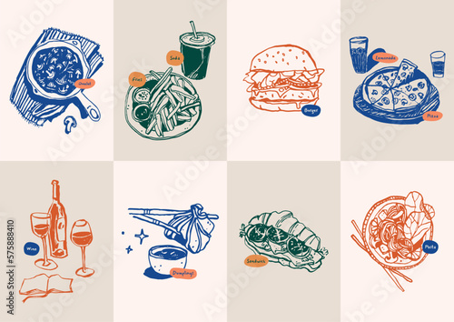 Minimalist hand drawn food and drink vector illustration collection. Art for postcards, branding, logo design, background.