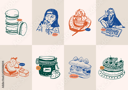 Minimalist hand drawn food and drink vector illustration collection. Art for postcards, branding, logo design, background.