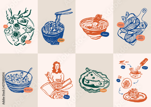 Minimalist hand drawn food and drink vector illustration collection. Art for for postcards, branding, logo design, background.