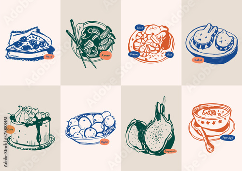 Minimalist hand drawn food and drink vector illustration collection. Art for for postcards, branding, logo design, background.