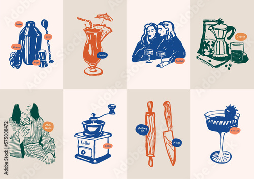 Minimalist hand drawn food and drink vector illustration collection. Art for postcards, branding, logo design, background.