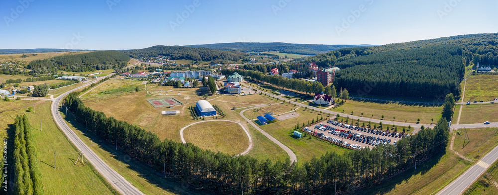 South Urals, Krasnousolsk Health Resort panorama: territory of sanatorium, residential and medical buildings. Aerial view.
