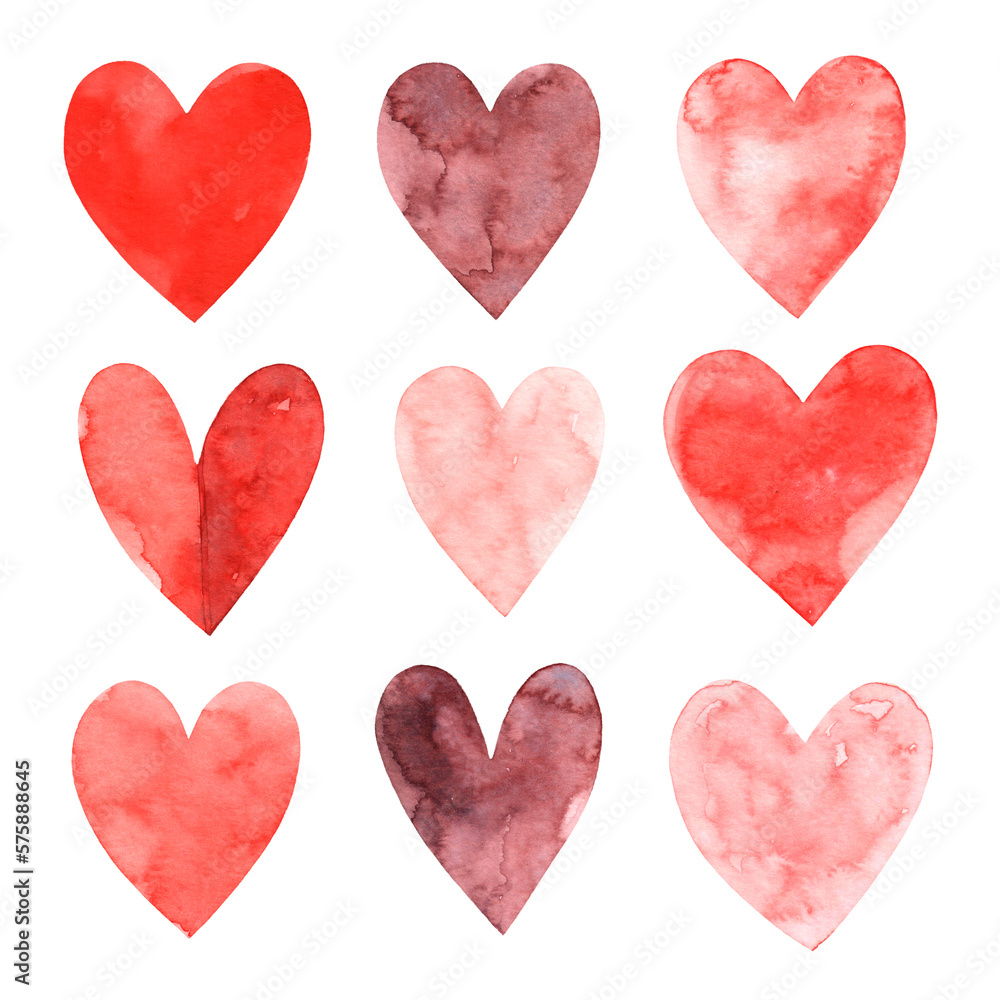Collection of watercolor drawings heart isolated on white background. Symbol of love. Element for design Valentine's Day. Mothers Day. International Women's Day. Wedding.
