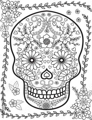 Sugar Skull flowers for Halloween or Day of the dead. with flower elements. Doodles art for greeting cards, invitation or poster. Coloring book for adult and kids.

