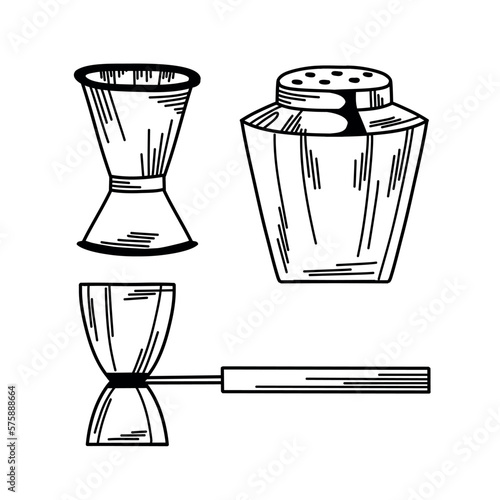 Set of jiggers and parts of a cocktail shaker in line art on a white background