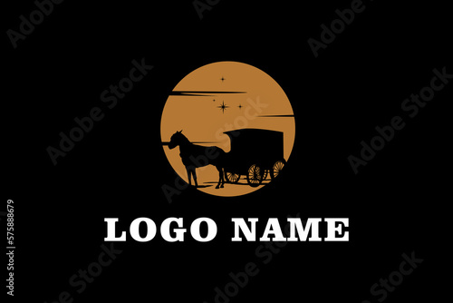 Silhouette of Cowboy Cart Covered Wagon Western at night Logo design inspiration