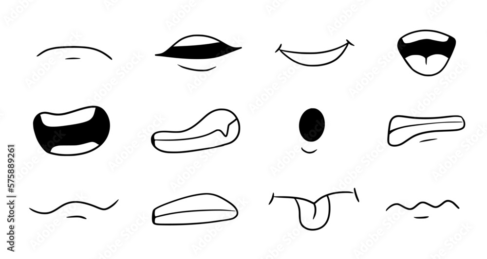 Cartoon mouth smile, happy, sad expression set. Hand drawn doodle mouth, tongue caricature emoji icon. Funny comic doodle style. Vector illustration. Cartoon mouth smile, happy, sad expression set. Hand drawn doodle mouth, tongue caricature emoji icon. Funny comic doodle style. Vector illustration.