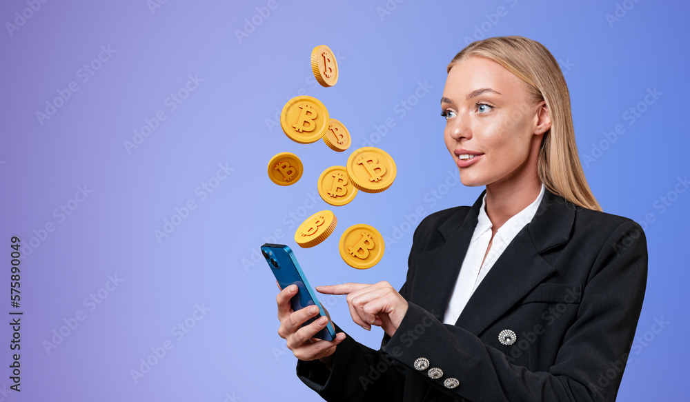 Businesswoman using phone, happy portrait and bitcoins falling Businesswoman using phone, happy portrait and bitcoins falling