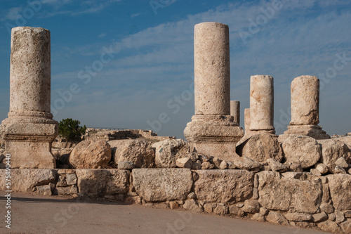 Jordanian capital - Amman, Historical center. Temple of Hercules is only surviving Roman structure. Built in 161 - 166 AD. Dilapidated Citadel on one of hills.Jordan.