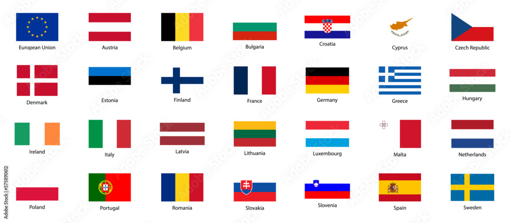 European Union countries. Set of EU flags. Original proportions and colors. Vector European Union countries. Set of EU flags. Original proportions and colors. Vector