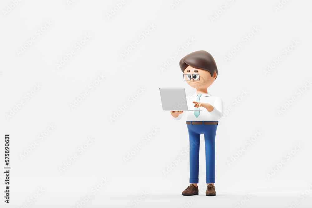 3d rendering. Cartoon man using laptop on empty white background