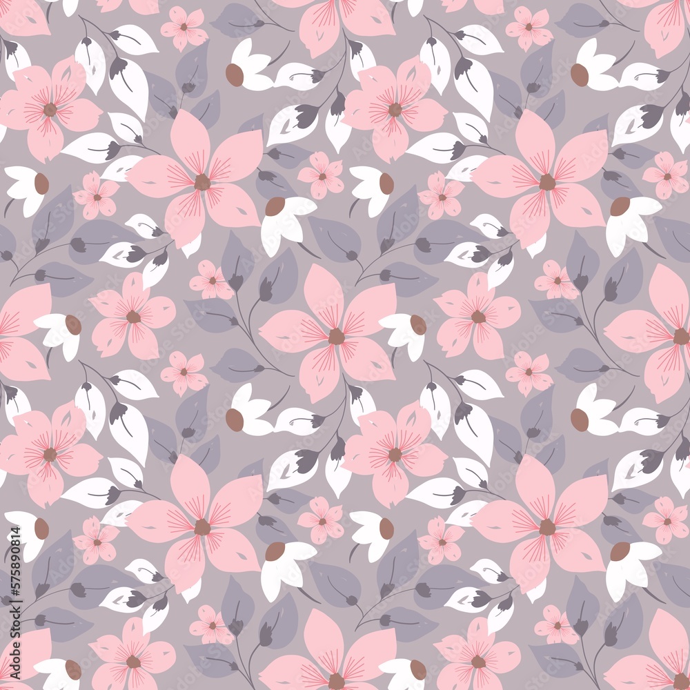 Pretty seamless repeating floral pattern in pink white and grey.
Pretty seamless repeating floral pattern in pink white and grey.