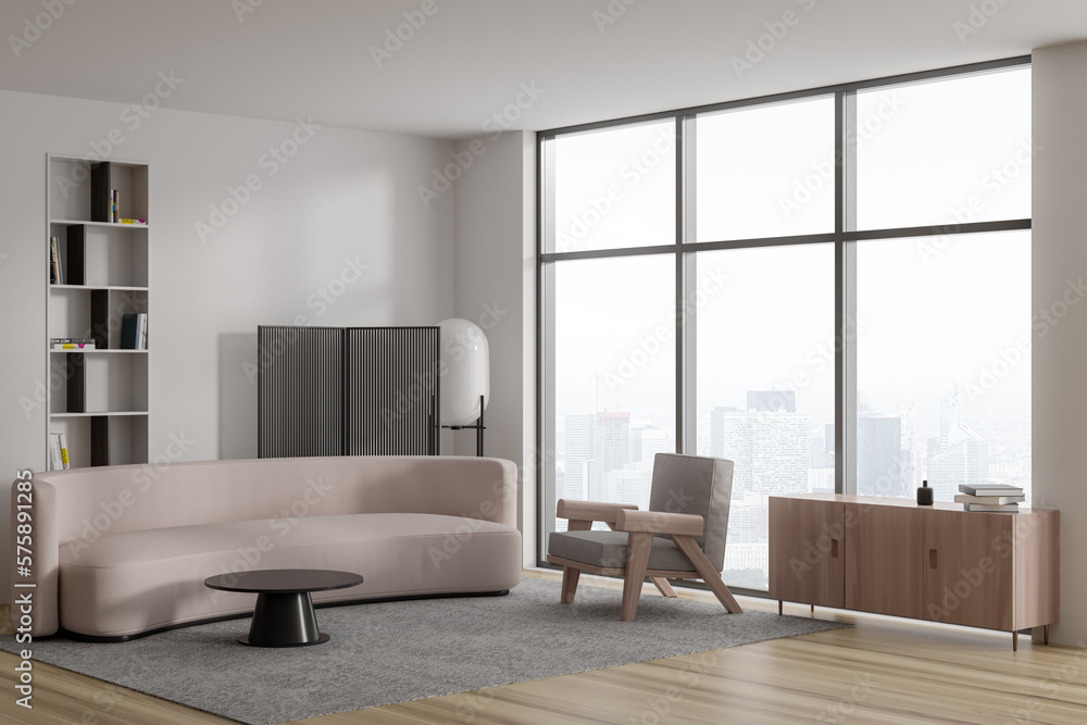 Fototapeta premium Stylish lounge zone interior with couch, armchair and panoramic window