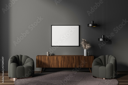 Grey living room interior with armchair and sideboard, mockup frame