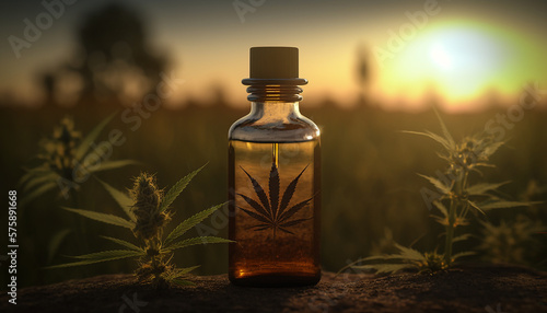 cannabis oil in a jar on a field background. Generative AI
